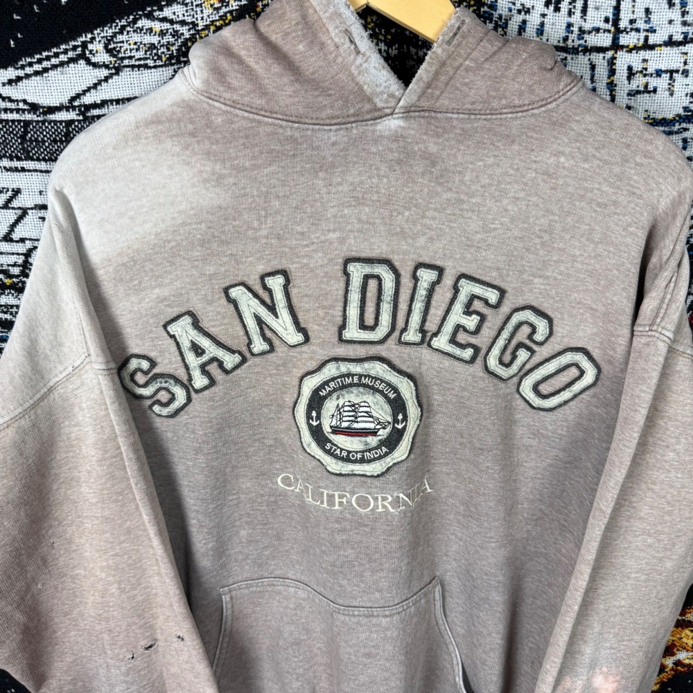 Vintage San Diego Maritime Museum Hoodie Distressed Sun Faded Tan Large XL